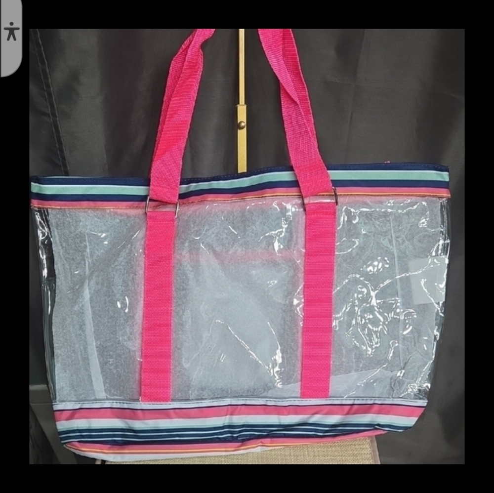 Large Clear Tote Bag with Pink Straps NWT